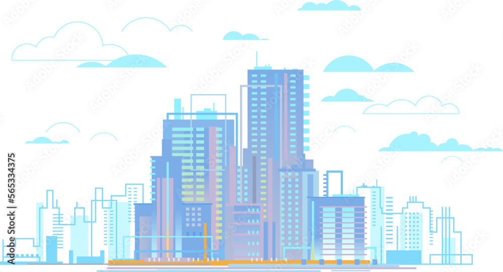 Urban landscape of city business center in linear flat design concept illustration isolated, urban metropolitan areas, cityscape panorama with clouds on white background, real estate architecture