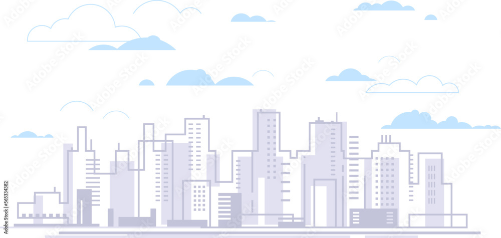 Urban landscape panorama of city in side view in linear flat design concept illustration on white background, urban metropolitan areas, cityscape panorama with clouds, real estate architecture