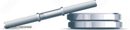One steel dumbbell in disassembled state on side view with metal barbell plates, heavy dumbbell for bodybuilding, adjustable dumbbell