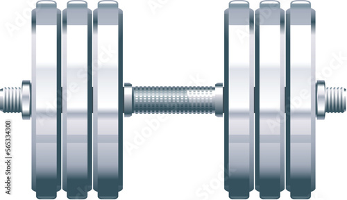 One steel dumbbell on side view with metal barbell plates, metal barbell for 20 kilograms isolated illustration, heavy dumbbell for bodybuilding, adjustable dumbbell