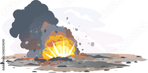 Big bomb explosion on ground with shrapnel and black clouds, exploding projectile, war destruction concept illustration isolated on white background