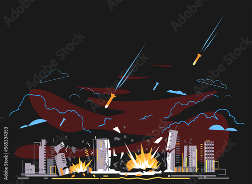 Night bombing of city with air bombs illustration in linear flat design, missile explosions among residential buildings, explosion on ground with destroyed buildings, air-launched cruise missiles