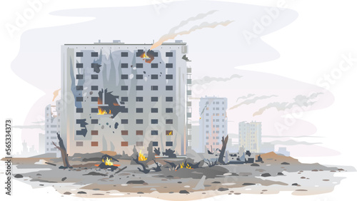 Ruined Ukraine city, destroyed buildings ruins and concrete, war destruction concept illustration isolated, terrorist acts in Europe