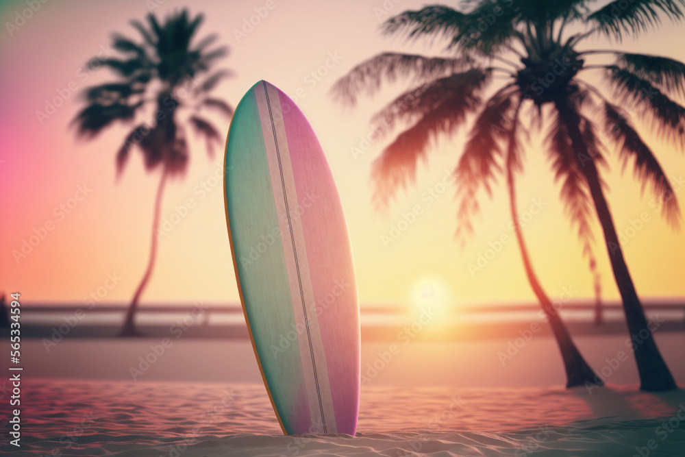 Surfboard and palm tree on sunset tropical beach. Generative AI