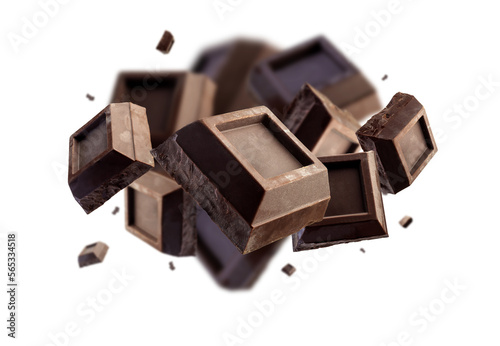 Collection of chocolate explosion isolated on Transparent background. Selective focus