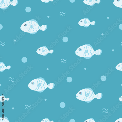 Blue ocean fish and bubble doodle line art pattern © waruntorn