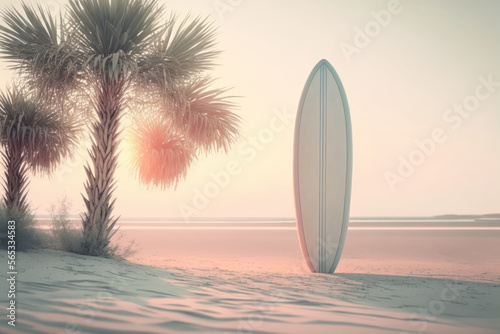 Surfboard and palm tree on sunset tropical beach. Generative AI