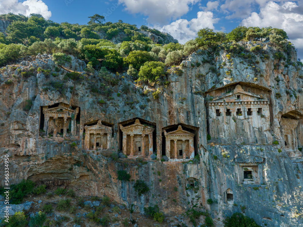 Rock-cut temple tombs in Kaunos Dalyan - Turkey (Turkish name; kaya mezarlari) Ancient city of Kaunos, Dalyan valley, Turkey. Kaunos (Latin: Caunus) was a city of ancient Caria and in Anatolia