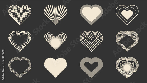 Vector set of geometric Valentine's day hearts in a simple and minimal style. Y2k aesthetic. 	