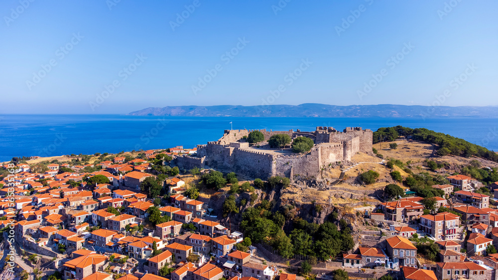 MOLYVOS, LESVOS ISLAND, GREECE Panoramic view of Molyvos village with its medieval castle.