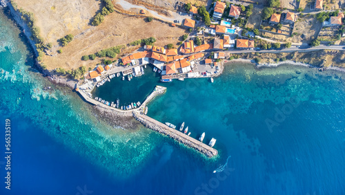 Village of Skala Nees Kidonies, Lesvos island, Greece. Aerial drone view of Lesbos island Molivos.