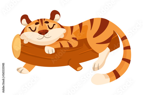 Cute Tiger Cub with Striped Orange Fur Sleeping on Tree Branch Vector Illustration