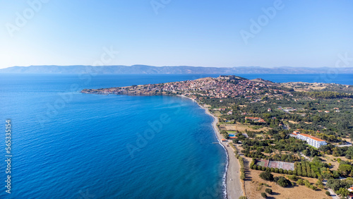 Village of Skala Nees Kidonies, Lesvos island, Greece. Aerial drone view of Lesbos island Molivos. © Esin Deniz
