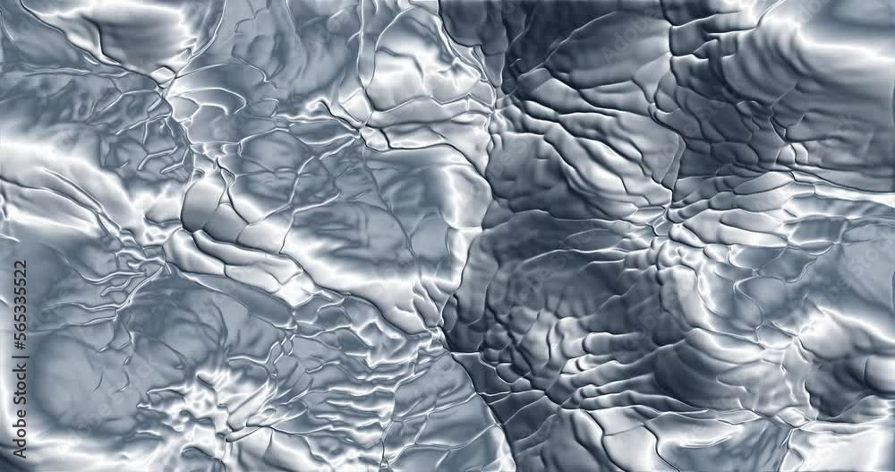 Silver liquid wells up to surface. Melting fluid metal flow. Foil structure metallic reflectance.
Abstract 3D rendering background. 4K motion graphic animation.