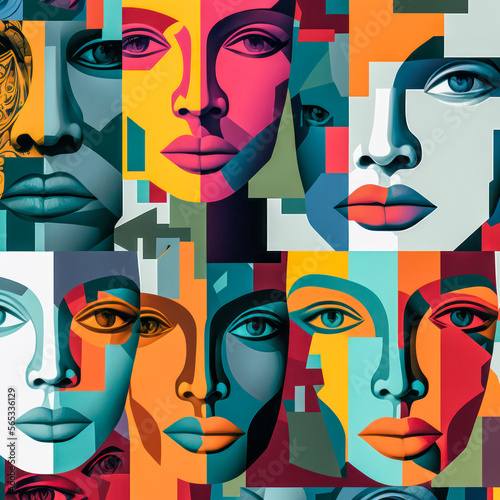 Colorful women face collage. Generative AI.