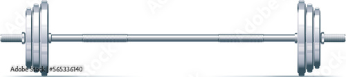 One steel barbell on side view with metal barbell plates, metal barbell on floor isolated sports equipment illustration, heavy barbell for bodybuilding