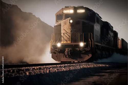 Freight train locomotive with freight on the move. Freight train at high speed. Cargo railroad industry. generative AI photo