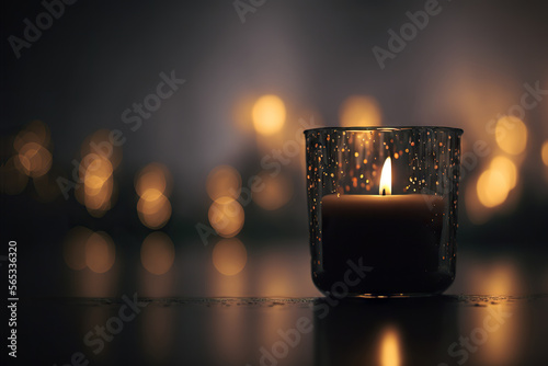 Burning candle on dark blurred background. Generative AI