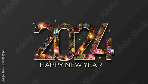 Happy new year 2024 on black background with light. Cover template for calendar, holiday greeting card design. Vector illustration.