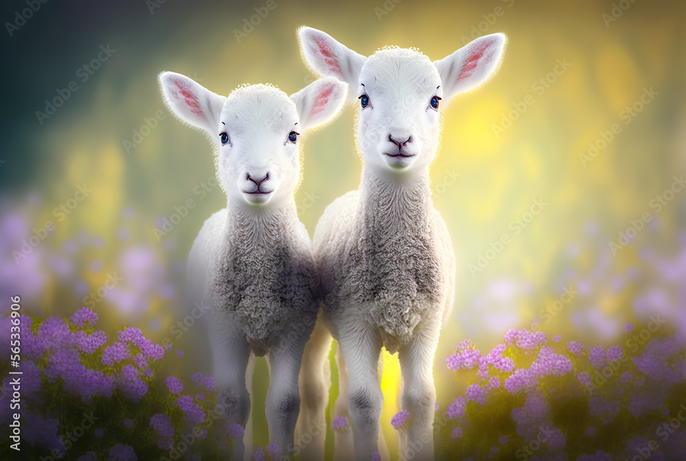 Two Beautiful Easter Lambs are standing on a flower meadow. The sun is shining and it's summer and spring time. Digital Art Illustration. Two Beautiful Easter Lambs are standing on a flower meadow. The sun is shining and it's summer and spring time. Digital Art Illustration.