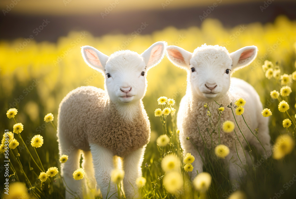 Two Beautiful Easter Lambs are standing on a flower meadow. The sun is shining and it's summer and spring time. Digital Art Illustration. Two Beautiful Easter Lambs are standing on a flower meadow. The sun is shining and it's summer and spring time. Digital Art Illustration.