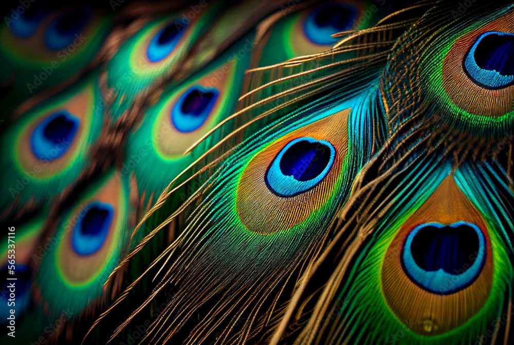 Fototapeta premium Peacock Feather Background, Plumage Pattern, Generative AI Illustration