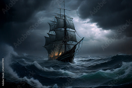 Antique Ship in Storm, Vintage Pirate Boat, Generative AI Illustration