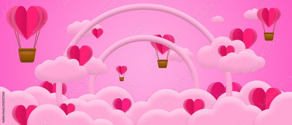 3d pink heart heaven cloud fantasy valentines day with circle  gate outline concept for decoration background	