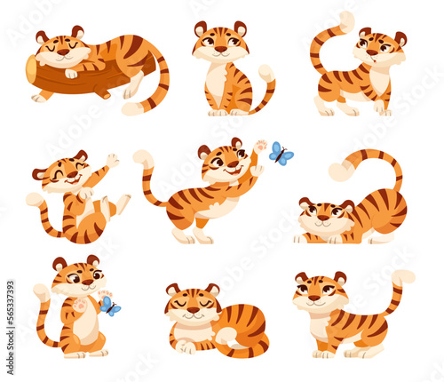 Cute Tiger Cub with Striped Orange Fur in Different Pose Vector Set