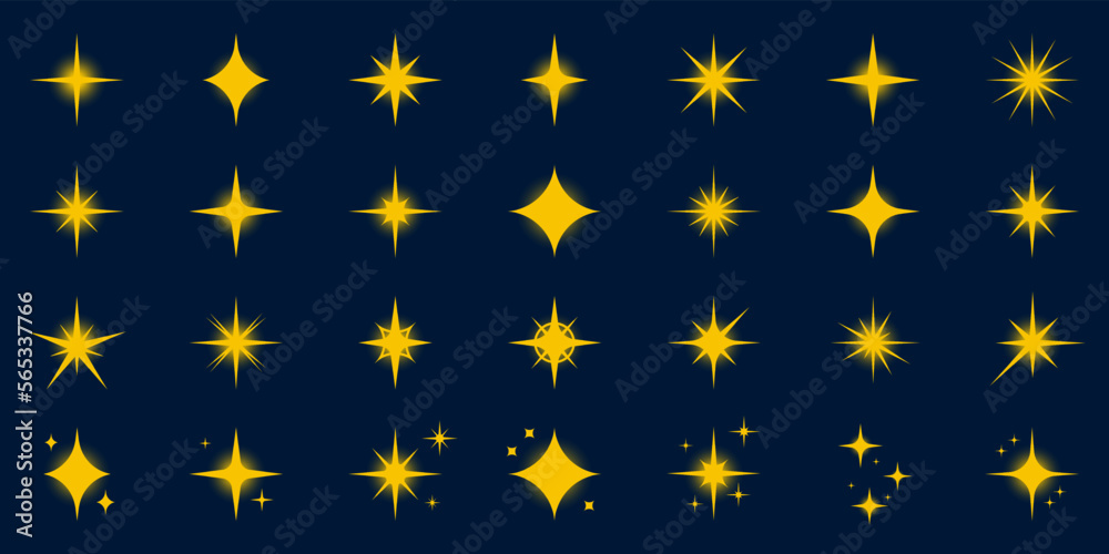 Sparkle Gold Star Silhouette Icon Set. Glow Spark Flash Stars Pictogram Collection. Shine Burst Magic Decoration Symbol. Glistering Effect Light. Golden Twinkle Flare. Isolated Vector Illustration