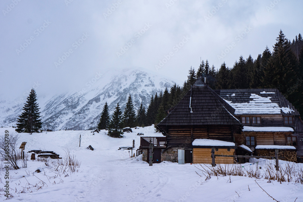 Wooden hut on the road to Giewont - High Tatra Mountains in winter