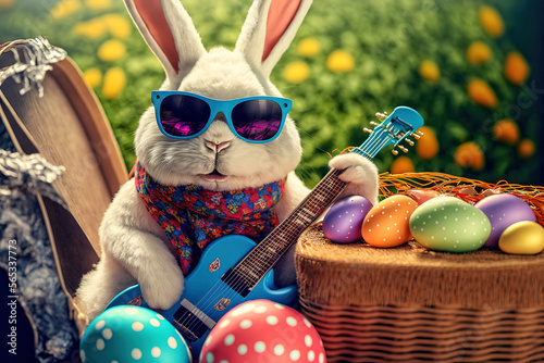 Easter Bunny Surrounded By Easter Eggs Playing an Electric Guitar - AI Generative