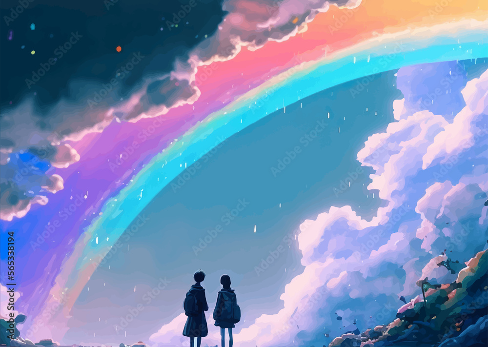 anime couple watching rainbow