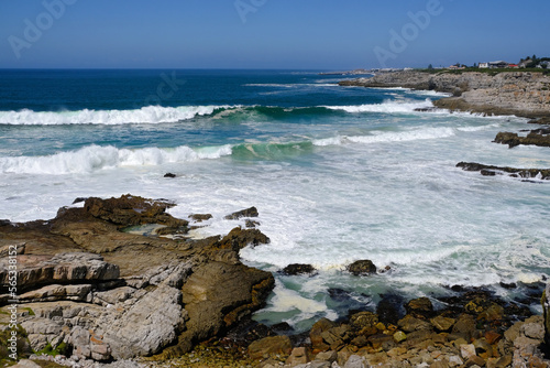 Coastline and breaking waves at Hermanus, Western Cape, South Africa