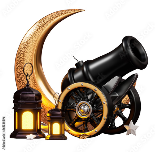 Fototapeta 3d golden moon with ramadan cannon isolated cutout