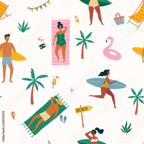 Vector seamless pattern with cartoon people lying on beach and sunbathing, surfers carrying surfboards. Men and women relaxing near the ocean. Summertime beach vector illustration. Flat design.