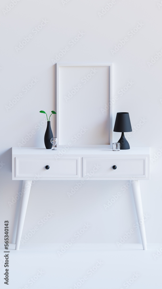 Empty Photo White Frame Design Mockup On The Table With 3D Minimalist Decors