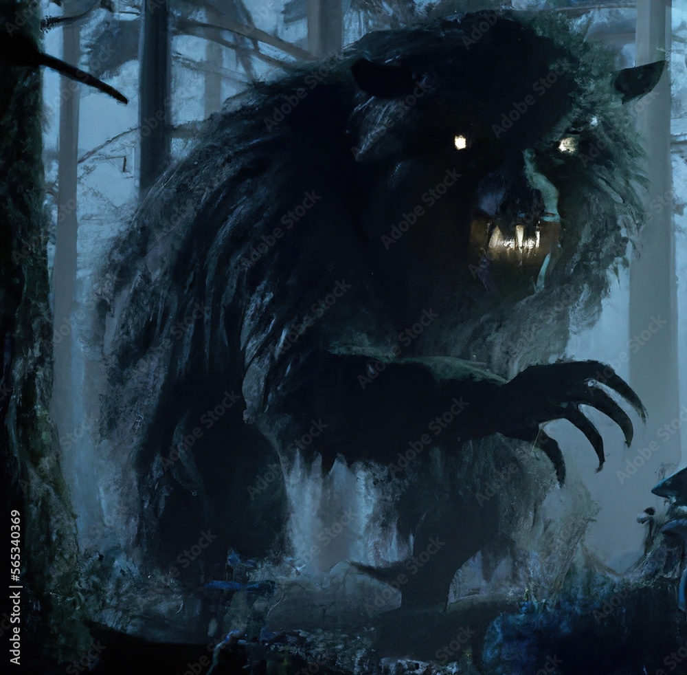 Spooky & scary creature in dark forest at night made with Generative AI. Spooky & scary creature in dark forest at night made with Generative AI.