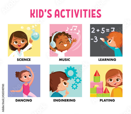 Set collection of vector icons for childrens books, smartphone apps.Child, kid style pictures, images about, on topic of science, music, learning, dancing. engineering, playing different poses, outfit