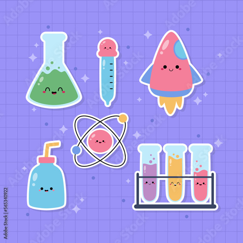 Hand drawn cute kawaii science themed sticker set illustration vector design