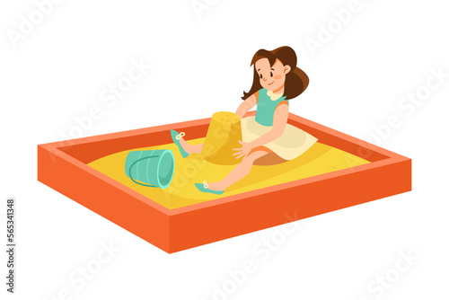Playful Little Girl Playing in Sandpit on Playground Enjoying Summer Vector Illustration