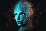 Ai woman , a humanoid cyber girl with a neural network thinks. Artificial intelligence with a digital brain is learning to process big data. 