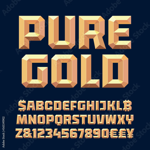 Golden metallic beveled font, alphabet,  numbers and currency symbols. Gold 3d effect. Vector illustration.