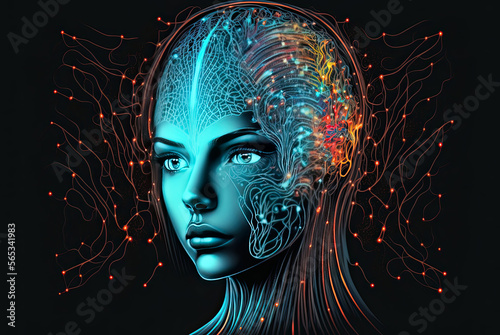 Ai woman , a humanoid cyber girl with a neural network thinks. Artificial intelligence with a digital brain is learning to process big data. 