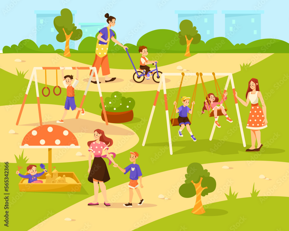 Fototapeta premium Mother with Children on Playground Enjoying Walking Outdoor Vector Illustration