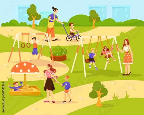 Mother with Children on Playground Enjoying Walking Outdoor Vector Illustration