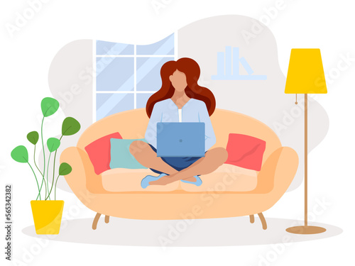 Home office concept, woman working from home sitting on a sofa, student or freelancer.Freelance or studying concept. Cute illustration in flat style.