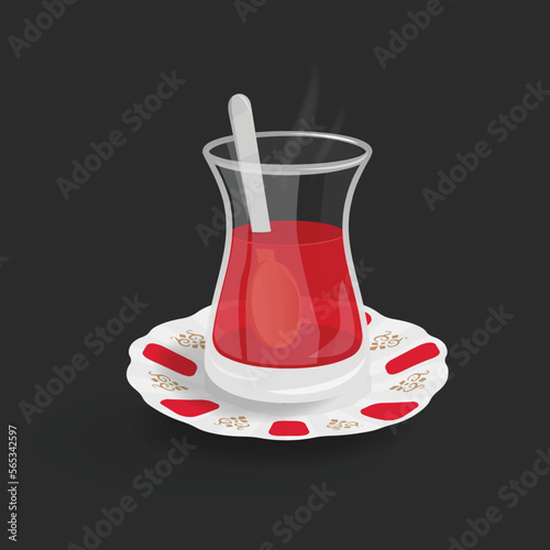 Turkish traditional tea glass and tea plate vector illustration