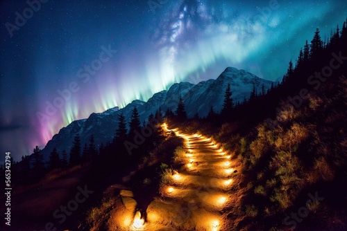 Illustration photo of glowing path to the top of a mountain in night
