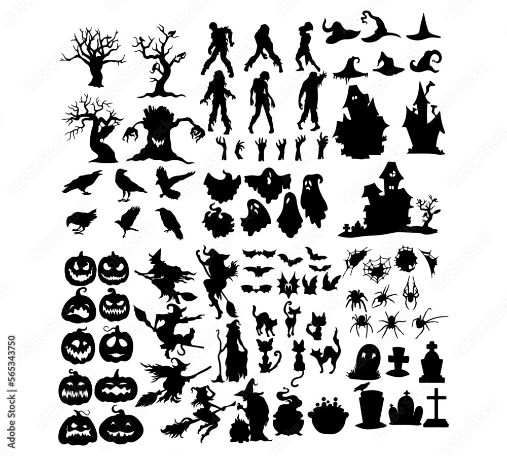Set of silhouettes of Halloween. Vector illustration